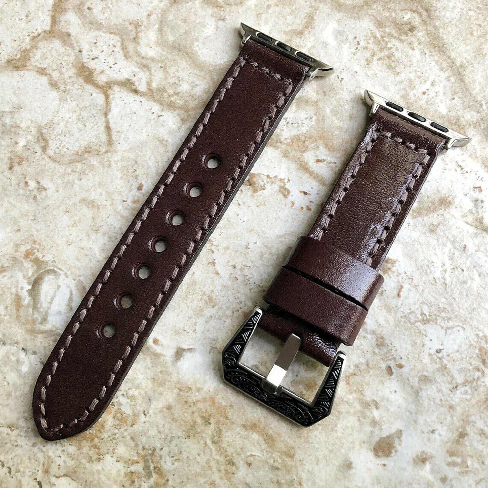 Dark Brown Band 22mm 24mm 25mm Leather Handmade Strap Compatible with Apple Watch All Series Fitbit Versa 2 3 4 Sense 2 Ionic Smartwatches